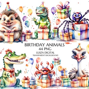 Tiere mit Geschenk Boxen Aquarell Clipart | 44 hochwertige PNG | Waldtiere Geburtstag Clipart, Bauernhof Tiere Sublimation, Digital