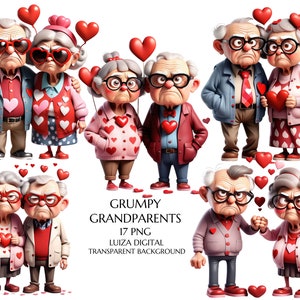 Großeltern Clipart, Mürrisches altes Paar Clipart, Cartoon Oma und Opa, Valentinstag altes Paar png, digitaler Download, kommerzielle Nutzung