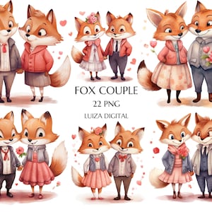 かわいいバレンタインキツネカップルクリップアートバンドル、バレンタイン動物カップル、ロマンチックなクリップアート、子供向けバレンタインデーギフト、ラブPNG商用利用