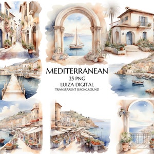 Aquarel mediterrane clipart, Spaanse esthetiek, strand clipart, architectuur clipart, schip clipart, commercieel gebruik, scrapbooking