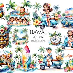 Hawaje Clipart, Aloha Hawaii Akwarela, Hawajska Dziewczyna, Hawaje Ohana, Podróż Clipart, Tiki Mask Turtle PNG, Użytek komercyjny, Pobieranie cyfrowe