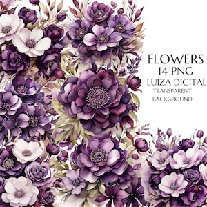 Flores roxas PNG, Clipart floral em aquarela, Buquês PNG, Clipart de flores de casamento, Floral PNG, Uso comercial, Clipart digital