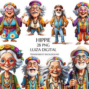 Imágenes prediseñadas de anciana hippie en acuarela, anciano hippie en formato PNG, imágenes prediseñadas de abuelos divertidos, abuela divertida de dibujos animados, abuela feliz en formato PNG