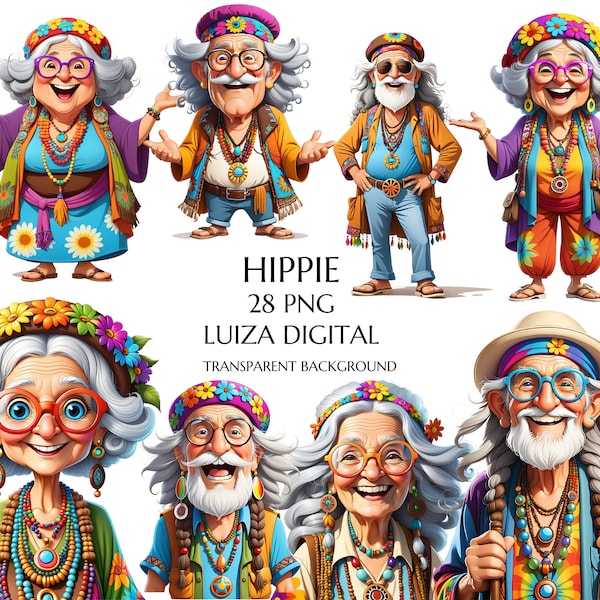 Aquarel Hippie oude dame clipart, hippie oude man PNG, grappige grootouders clipart, cartoon grappige grootmoeder, gelukkige oma PNG