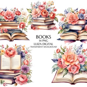 Floral Books Clipart, Nursery Art, Card Making, Books Clipart, Vintage books clip art, old books, Book lover clipart Digital Paper Craft