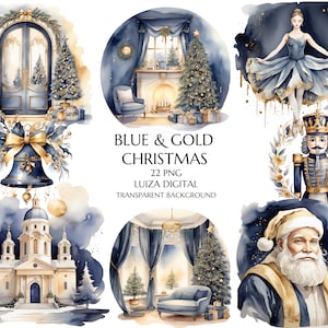 Watercolor Blue & Gold Christmas Clipart Bundle, Golden Snowman Clipart, Christmas Porch, Christmas Sublimation, Instant Download