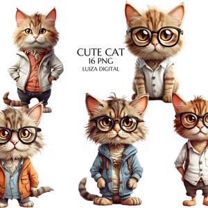 Cute Cat Clipart Bundle, clip art Set of 20 High Quality PNGs, Happy Cats, Cartoon Cat PNG, Instant Download, Commercial use
