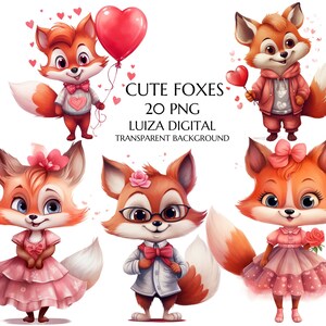Clipart renard Saint-Valentin, clipart animal des bois Saint-Valentin, png renard romantique, éléments de carte de Saint-Valentin, Clipart amour, usage Commercial