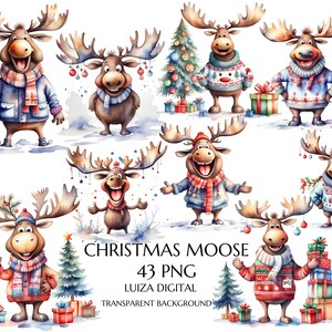 Pacchetto di clipart di alci natalizi in stile pastello, alce con maglione in formato PNG, clipart di animali del bosco, biglietto di auguri di Natale, download digitale, uso commerciale