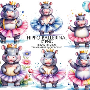 Clipart di ippopotamo acquerello in tutù, ippopotamo ballerina in formato PNG, cucciolo di animale, clipart di ballerina, clipart di cameretta dei bambini in formato PNG, clipart digitale di cameretta dei bambini per uso commerciale