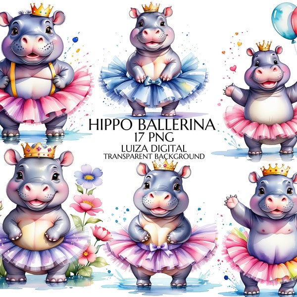 Watercolor Hippo in Tutu Clipart, Ballerina Hippo Png, Baby Animal, Ballerina Clipart,Nursery PNG, Nursery Digital Clip Art Commercial Use