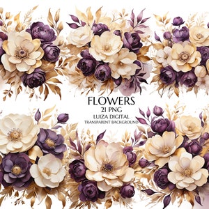 Paarse en gouden bloemen PNG, aquarel bloemen clipartboeketten, bruiloft bloemen clipart gouden bloemen PNG, commercieel gebruik, digitale clipart