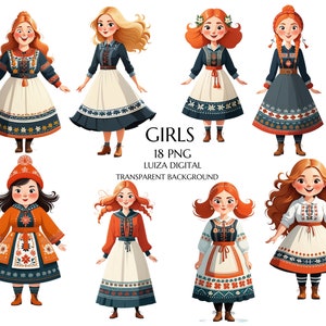 Clipart di ragazza dei cartoni animati, ragazza scandinava per San Valentino, donna popolare, sublimazione popolare, arte popolare, clipart Hyggie, download digitale