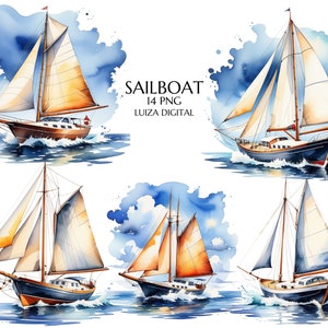 Clipart di barche a vela ad acquerello, simpatica clip art di barche a vela oceaniche in formato PNG, download immediato per uso commerciale