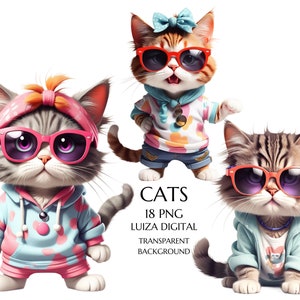 Cute Cat Clipart Bundle, Clip art Set of 18 High Quality PNGs, Happy Cats, Cartoon Cat PNG, Instant Download, Commercial use