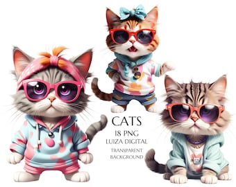 Cute Cat Clipart Bundle, Clip art Set of 18 High Quality PNGs, Happy Cats, Cartoon Cat PNG, Instant Download, Commercial use