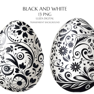 Clipart de huevo de Pascua en blanco y negro, huevo de Pascua caprichoso PNG, ilustración de huevo floral, clipart de huevos de Pascua pintados con flores, uso comercial
