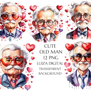 Imágenes prediseñadas de anciano divertido PNG, anciano de San Valentín, imágenes prediseñadas de hombre feliz, abuelo de San Valentín de dibujos animados, imágenes prediseñadas de abuelo peculiar, imágenes prediseñadas de anciano