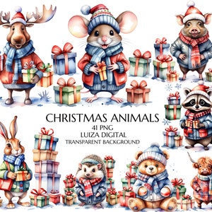 Kerstdieren clipartbundel, bosdier en geschenkdoos clipart, winter bos clipart, sublimatie, commercieel gebruik, kaarten maken