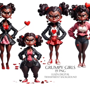 Black Lady Clipart PNG, Valentines Grumpy Girl, mürrische Frau Clipart, Valentine Lady, schrullig Mädchen Clipart, Geburtstagskind, digitaler Download