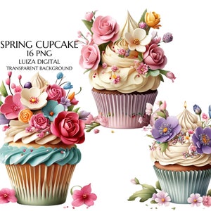 Bloemen cupcake clipart, koffie clipart, geheugenboeken, ongewenste tijdschriften, plakboeken, planners, commercieel gebruik, digitale download, sublimatie