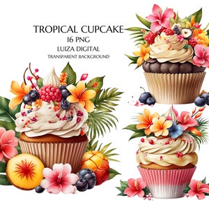 Clipart di cupcake floreali tropicali, clipart di cupcake alla frutta, libri di memoria, diari spazzatura, album di ritagli, pianificatori, uso commerciale, download digitale