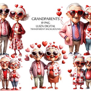 Süße altes Paar Clipart, Cartoon Oma und Opa, Geschenk für romantische Großeltern, Valentinstags altes Paar png, Sublimation, kommerzielle Nutzung
