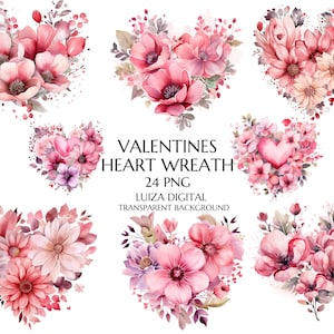 Aquarel Valentijnsdag hart clipart, Valentijnsdag harten clipart, Valentijnsdag boeket PNG, roze bruiloft bloemen clipart, commercieel gebruik