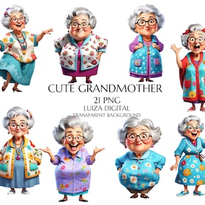 Clipart di nonna, Clipart di vecchia signora divertente ad acquerello, Clipart di vecchia signora ubriaca divertente, Clipart di donna felice e stravagante, Clipart di nonna felice