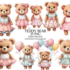 Clipart de oso de peluche rosa en acuarela, 25 imágenes PNG de lindos osos bebés, clipart de oso de peluche rosa, paquete de osos de peluche, uso comercial