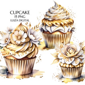 Gold Blumen Cupcake Clipart - 15 hochwertige PNGs, Memory Bücher, Junk Journals, Scrapbooks, Planer, kommerzielle Nutzung, digitaler Download