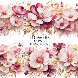 Roze en gouden bloemen PNG, aquarel magenta bloemen clipart boeketten, bruiloft elementen, premade clipart, commercieel gebruik, digitale clipart