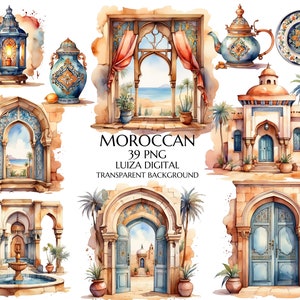 Clipart aquarelle marocaine, esthétique marocaine, aquarelle de fenêtre marocaine, clipart botanique, clipart mariage, clipart désert, africain