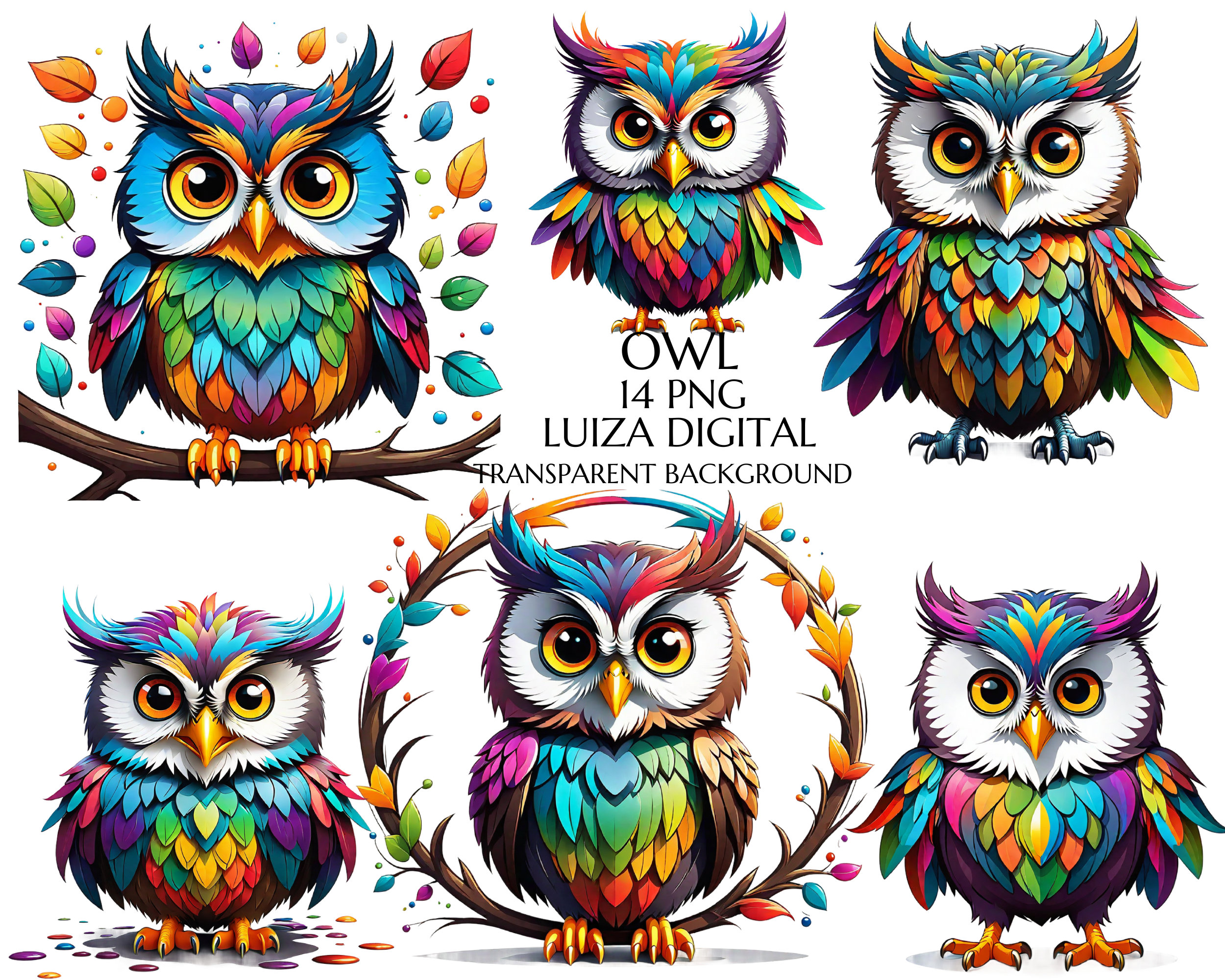 Colorful Cute Owl Clipart Bundle, Vibrant Colorful Bird, Watercolor