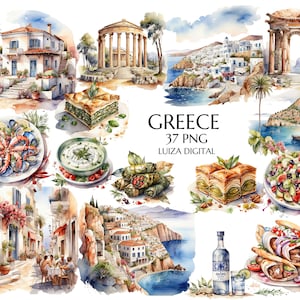 Imágenes prediseñadas de la antigua Grecia en acuarela, imágenes prediseñadas de la antigua Grecia, imágenes prediseñadas de verano de Grecia, álbumes de recortes de vacaciones en Grecia, Grecia romántica, uso comercial.