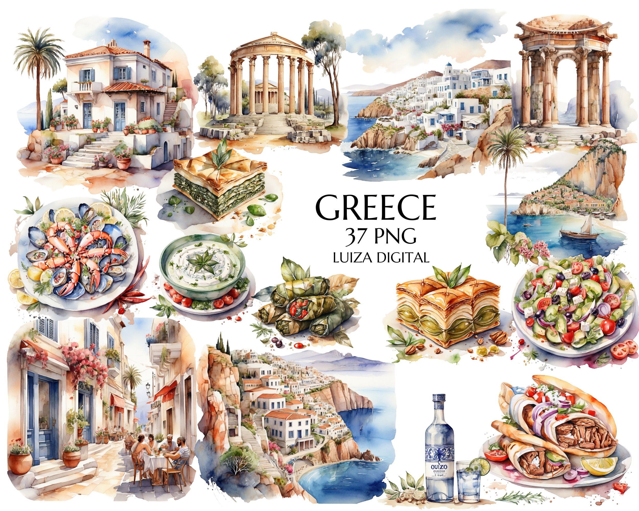 Watercolor  Ancient Greek Clipart, Ancient Greek, Greece summer clip art,Greece vacation scrapbooking. Romantic Greece, Commercial Use.