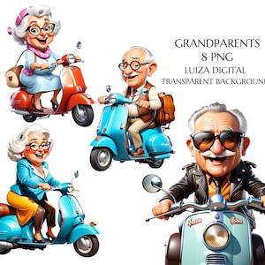 Großeltern Clipart, Vespa alter Mann Clipart PNG, Vespa alte Dame, schrullige Großeltern Clipart, ältere Menschen Clip Art Oma und Opa png