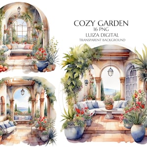 Cozy Garden Clipart, Italian Garden Clipart, Mediterranean Garden, Cottagecore, Spring Floral Garden, Instant Download, Summer sublimation