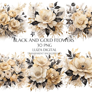 Fiori neri e oro PNG, bouquet floreali ad acquerello, clipart di fiori da matrimonio, clipart floreali dorate PNG, uso commerciale, clipart digitale