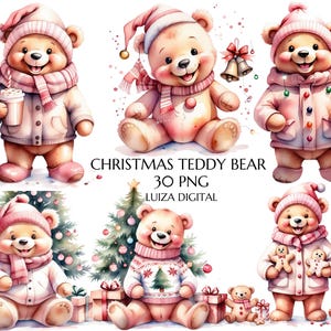 Różowy świąteczny miś clipart, różowy świąteczny clipart, elementy kartki świątecznej dla dzieci, pobieranie cyfrowe, sublimacja, wykorzystanie komercyjne