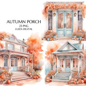 Akwarela Jesienny Dom Ganek Clipart, Farmhouse Ganek Clipart, Farmers house, Jesienny Ganek, Jesienny dom PNG, Scrapbooking, Komercyjne wykorzystanie