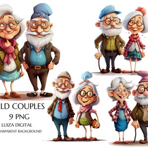 PNG grands-parents, drôle vieux couple clipart, vieille dame et vieil homme, grand-mère et grand-père fous, clipart famille, couple fantaisiste, commercial