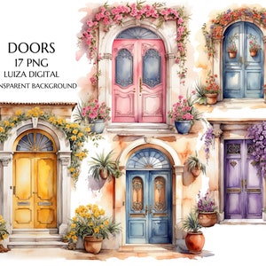 Aquarel mediterrane deur clipart, bloemen lente illustraties illustraties, rustieke deur met bloemen png, sublimatie reizen, kaarten maken