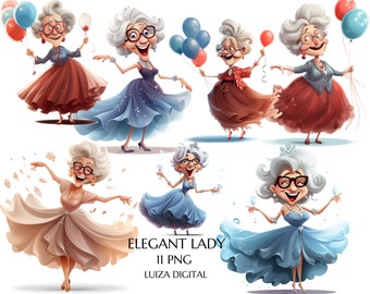Verrückte alte Dame Clipart, lustige Cartoon Großmutter, tanzende Frauen, fröhliche alte Damen Clipart PNG, lustige Oma Oma, elegante Großmutter