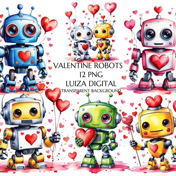 Valentine Robot Clipart Set, Robot Hearts and Love Clip Art PNG files for Valentine card making for kids, cute paper crafts, sublimation