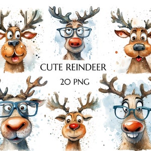 Clipart de reno divertido en acuarela, clipart de reno navideño de Woodlans, reno peculiar, uso comercial, diario basura, creación de tarjetas navideñas