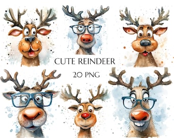 Aquarell lustige Rentier Clipart, Woodlans Weihnachten Rentier Clipart, schrullig, kommerzielle Nutzung, Junk-Journal, Weihnachtskarte machen