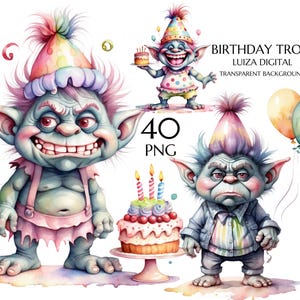 Bundle de cliparts Troll anniversaire pastel, gnome d'anniversaire grincheux PNG, aquarelle festive, Clipart PNG, sublimation de vacances, usage Commercial