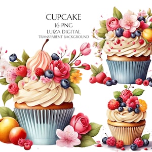 Clipart de cupcakes florales, cupcakes de frutas PNG, clipart de postre de cumpleaños, álbum de recortes, decoración de libros de recetas, descarga digital, uso comercial