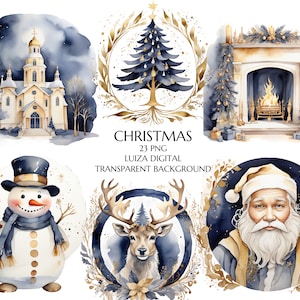 Watercolor Blue & Gold Christmas Clipart Bundle, Golden Snowman Clipart, Christmas Porch, Christmas Sublimation, Instant Download